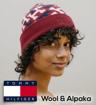   Tommy Hilfiger Strickmütze Wolle Alpaka, Monogram Beanie, Winter Hat weinrot