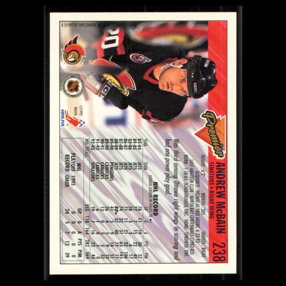 Andrew McBain #238 1993 Topps Premier Ottawa Senators Hockey Card NHL NM - Image 2 of 3