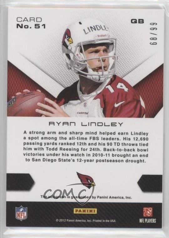 2012 Panini Momentum Rookie Salute Signatures /99 Ryan Lindley #51 Auto RC - Image 2 of 2