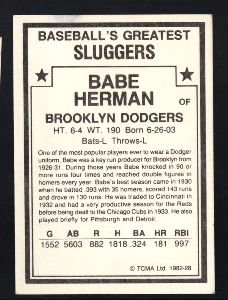 1982 TCMA Baseball's Greatest Signed Babe Herman Auto - Image 2 of 3