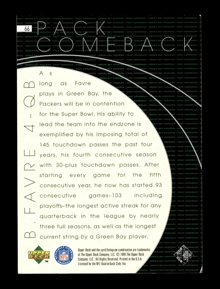 1998 Upper Deck Green Bay Packers II #66 Brett Favre - Image 2 of 2