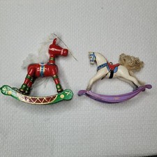 Vtg 2 Rocking Horse Christmas Ornament Western Wood Taiwan 1 Hallmark