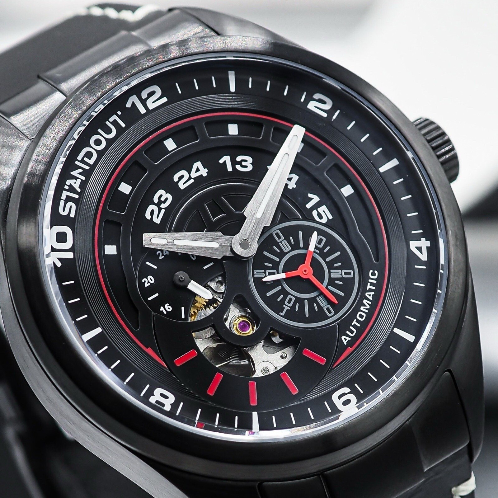 Montre automatique Standout en acier noir avec cadran squelette pour homme