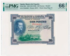 SPAIN 100 PESETAS PICK 69c Felipe II 1925 / 1936 PMG 66 GEM UNC EPQ