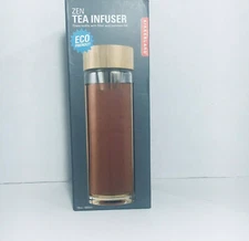 New Kikkerland ZeN Tea Infuser Eco Friendly Glass Bottle Filter Bamboo Lid 19 Oz