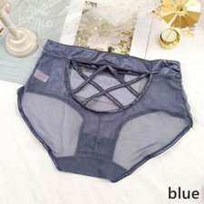 Lady Oversized Mesh Brief Hollow Out Satin Splicing Panties Sheer Mid Waist Soft