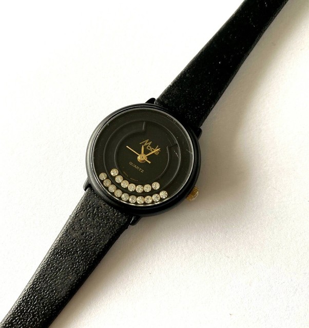 Mode Japan Movt Quartz Ladies Watch Black Color Floating Clear Stone