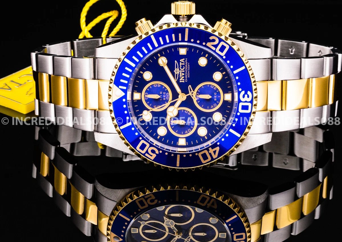 Arabiske Sarabo Med det samme ballon Invicta Men PRO DIVER Chronograph Blue Dial Bezel Silver 18K Gold Bracelet  Watch | eBay