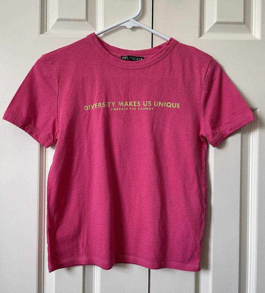 ZARA -Size S DIVERSITY MAKES US UNIQUE Slogan Cotton T-Shirt Top Pink