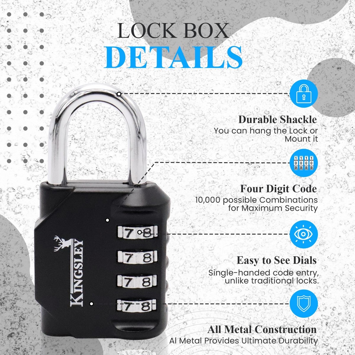 Kingsley Black Combination Lock - Keyless Dial Lock For School Lockers & Gym