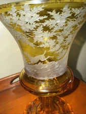 Antique Moser Czech Bohemian Art Glass Amber Cut to Clear Stag Scene Vase Compot