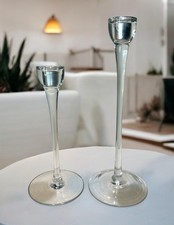 Pair -Tall Modern Handblown Glass Candlesticks W/ Metal Liner In Holder-13   10  