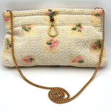 1950s Lumured Beaded Floral Handbag With Gold Chain Strap Made In USA Vintage