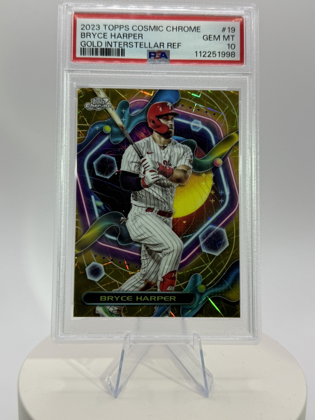 2023 Topps Cosmic Chrome 19 Bryce Harper Gold Interstellar Refractor #/50 PSA 10
