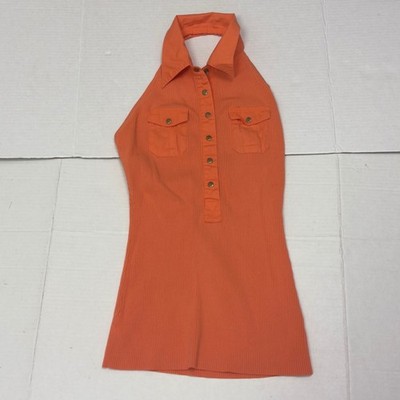 Cache Halter Top Women Medium Orange Ribbed Snap Button Collared Y2K Clubwear