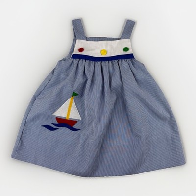 Vintage Petit Ami Girls Sailboat Dress 3T Blue Seersucker Nautical Spring Photo