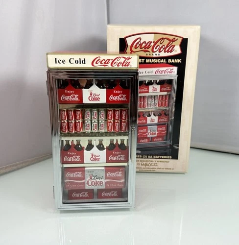 Vintage Enesco Coca Cola Vending Refrigerator Cooler Diecast Musical Bank w/ Box