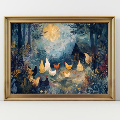 Moonlit Forest Chickens Poster   Whimsical Country Farm Art Print