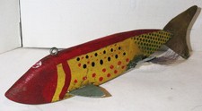 Ant. Green, Red Black + Yellow Hand Carved + Painted Ice Spear Fishing Decoy 9+"