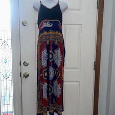 Anthropologie Raga Maxi Dress Size Medium Women’s Blue, Red Boho Festival Read