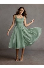 Azazie Stefanie Sage Pleated Midi Dress Size 8