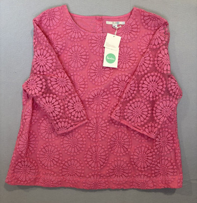 BODEN US 18 NWT Floral Embroidered Cotton Organza Top Salmon Pink Sheer Sleeves