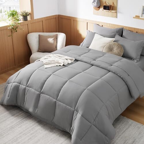 Bedding Comforter Set - 7 Pieces Solid Grey Bed in a Bag Queen 03 - Grey Solid