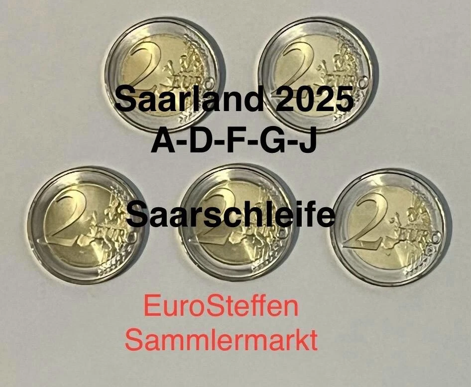 5 x 2 Euro 2025 Deutschland "Saarland- Saarschleife" ADFGJ, NEU - Bild 1 von 1