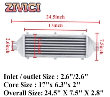 Overall 24.5''X7.5''X2.8'' In/outlet 2.6" Universal Front Mount Intercooler
