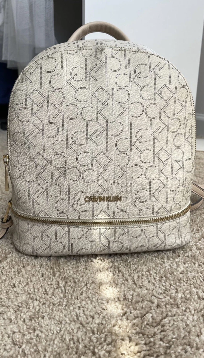Calvin Klein Womens Medium Zip Backpack CK Logo Dust White brown gold