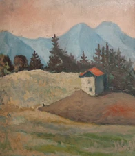 Impressionist mountain landscape house vintage oil painting