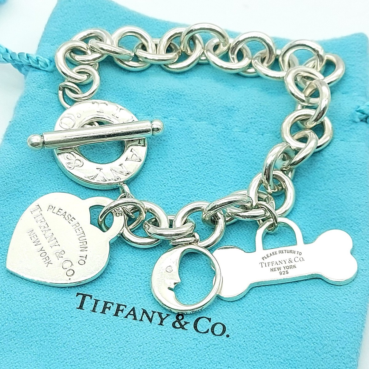 Ladies Tiffany 925 Sterling Silver Heart Tag/ Bone/ Moon