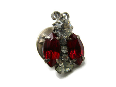 Vintage Ladybug Pin Red & Clear Rhinestone Jeweled Silver Tone Lapel Tie Tack