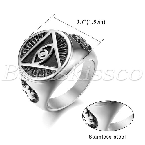 Men Silver Stainless Steel Illuminati All-Seeing-Eye Pyramid Band Ring Size 7-13 - Picture 2 of 7