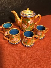 Miniature Vintage Cloisonne Enamel Coffee Tea Pot Decorative 6pc Gold Pink Flowe