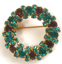 Vintage Gold-tone Teal  Brown Rhinestone Wreath Brooch 1.3/8" Diameter