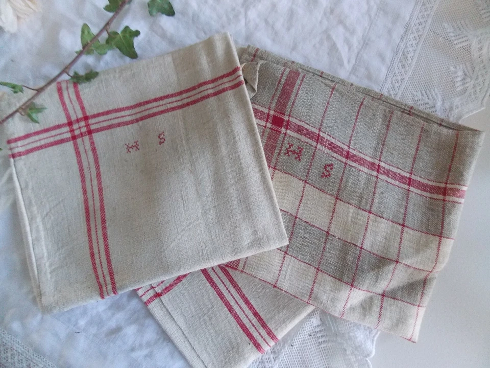 3 ANCIENS TORCHONS RAYURES ROUGES LETTRES BRODEES HS LIN COTON  - Photo 4/4