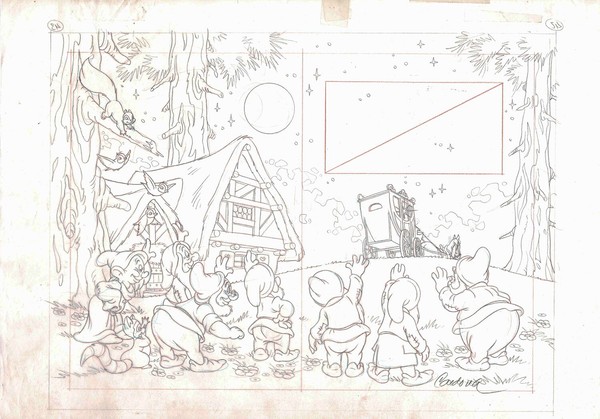 Disney Blancanieves y los siete enanitos - Dibujo de producción original - Firmado por Cardona