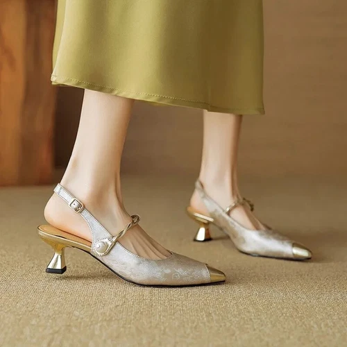 Women's Summer Pointy Low Heel Buckle High Heels Pumps Sandals Party Shoes - Picture 16 of 19