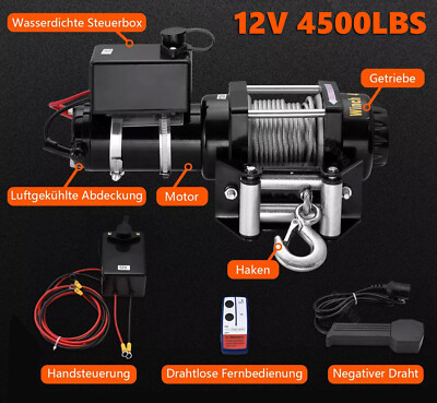 12V Elektrische Seilwinde PowerWinch 4500lbs ATV 2041kg Funk UTV Quad OffRoad