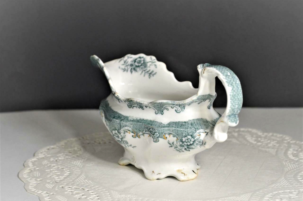 Antique W H Grindley Argos Green and White Gravy Boat NO Underplate