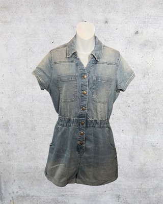 Celebrity Pink Medium 7-9 Cinched Waist Denim Romper Boho Blue Shorts Snapup