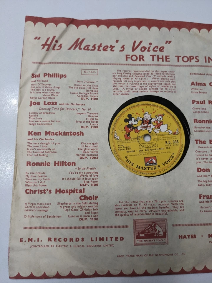 Disney Dumbo 78 RPM Record  Baby Mine / When I See an Elephant Fly HMV DB 9038 Foto 3 de 4