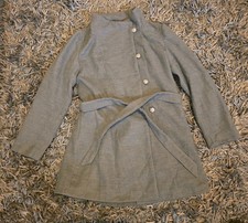 Grey Pea Coat Size M Tie Waist Long Sleeve Button Up High Collar Pockets Women's