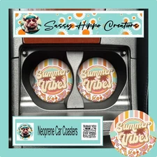Car Coasters Retro Summer Vibes Flower Stripes Set of 2 Neoprene Absorbent