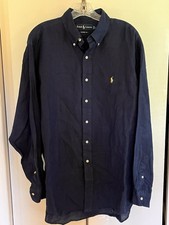 VTG Ralph Lauren 100% Linen Button-Up Shirt OS Mens LG Midnight Blue LS EUC