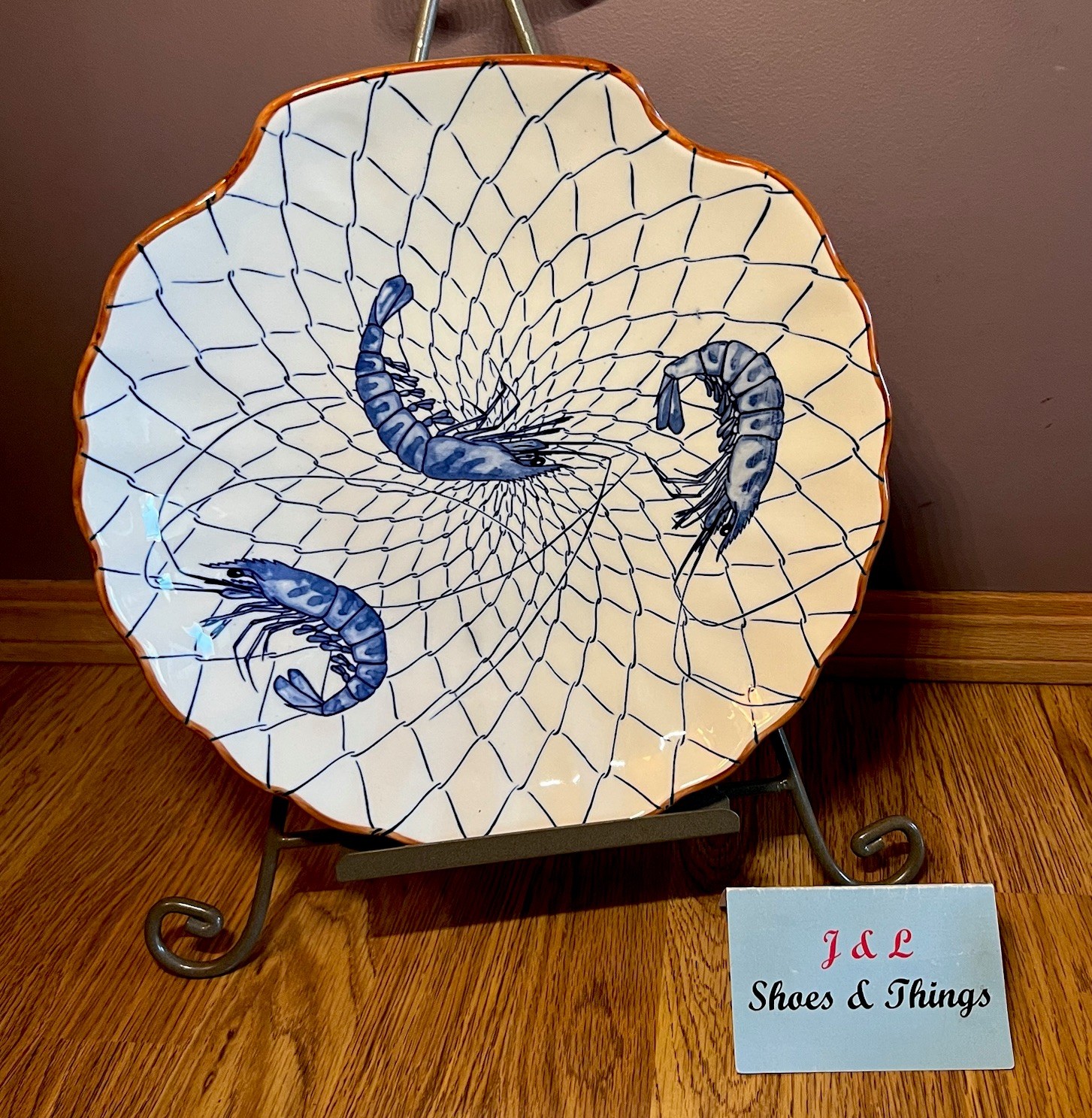 Asahi Japan 12” Shrimp/Prawn Scallop Shell Shape Serving Platter Blue EUC