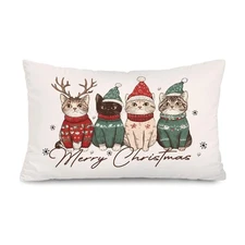 Merry Christmas Cat 12x20 Pillow Cover, Cat Christmas Decor, Cute Winter Xmas...