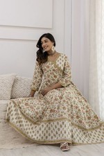 Indian Women white Cotton Floral Printed Anarkali Flared Kurti petals Long Dress