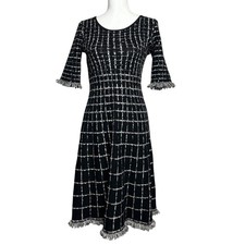 Taylor 90's Whimsigoth Black Windowpane Plaid Fringe Bell Sleeve Sweater Dress M